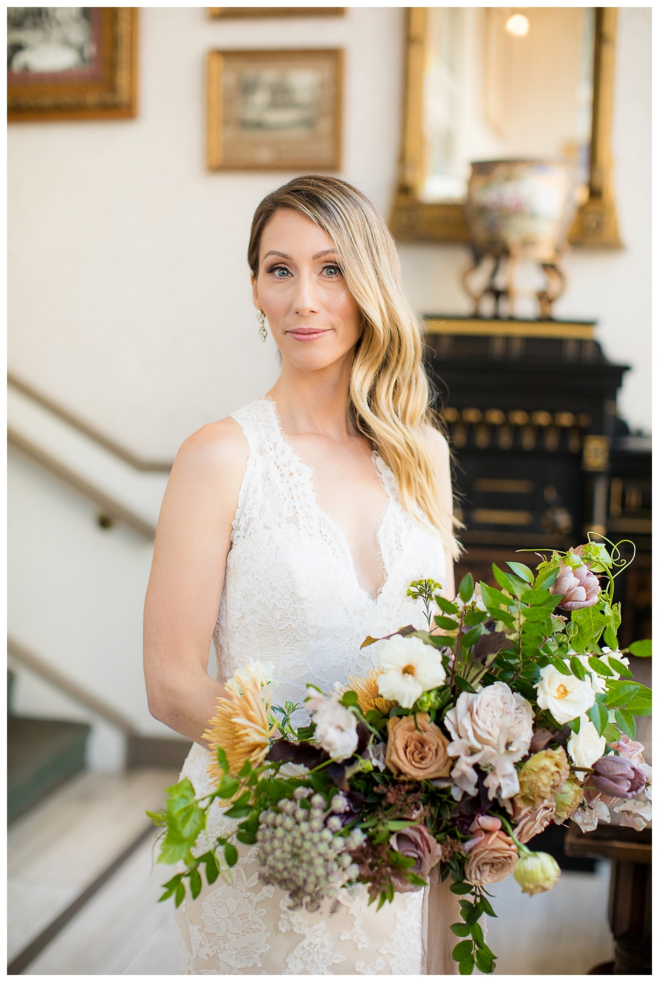 bride holding a bouquet at the grand horton hotel for her wedding